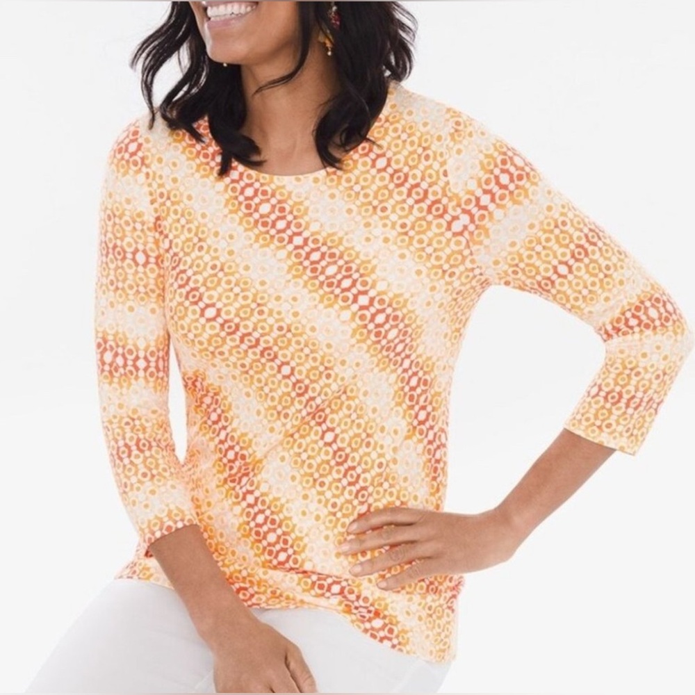 Chico's Crew Neck Quarter Sleeve Orange Dreamy Drops Geometric Blouse Size  1 M